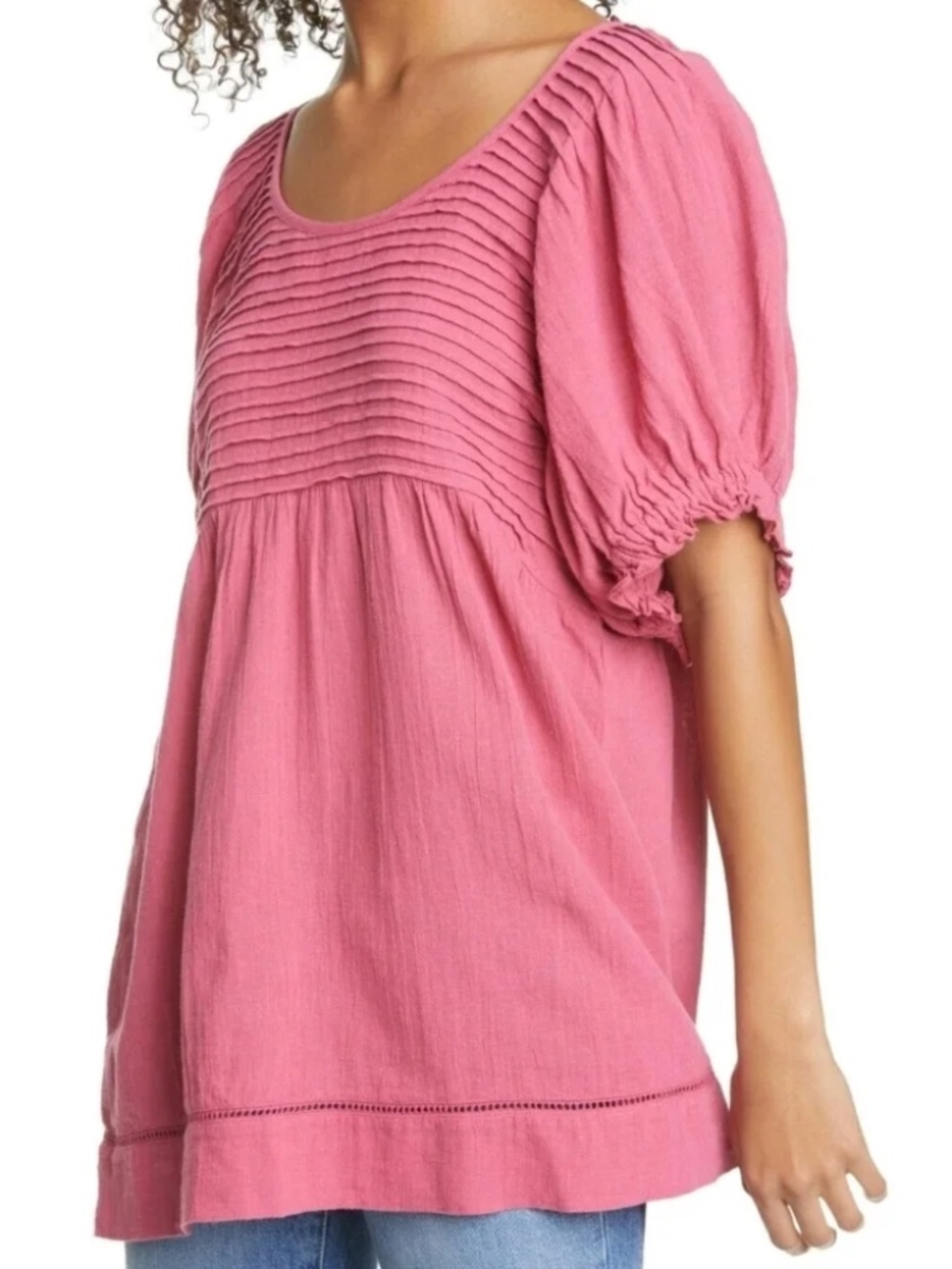 Free People Linen Blend Pink Elsie Tunic Top with Puff Sleeves NEW SIZE M